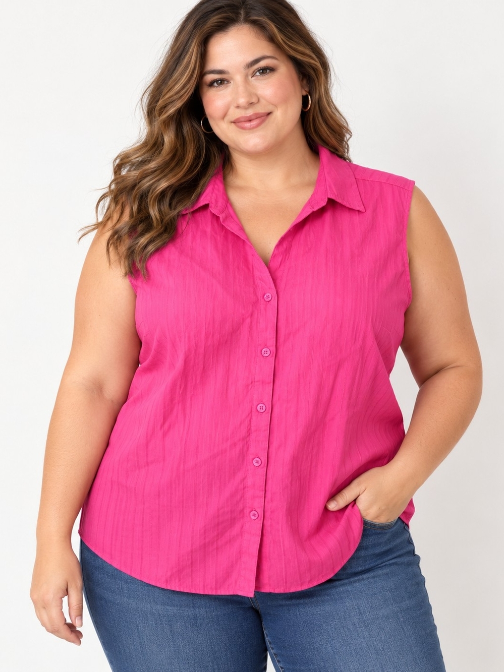 Sleeveless Button-Front Blouse in Hot Pink